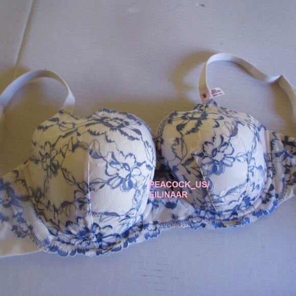 38DDD VICTORIA SECRET Body by Victoria Lightly Lined Demi Bra White Blue Lace - Picture 3 of 7